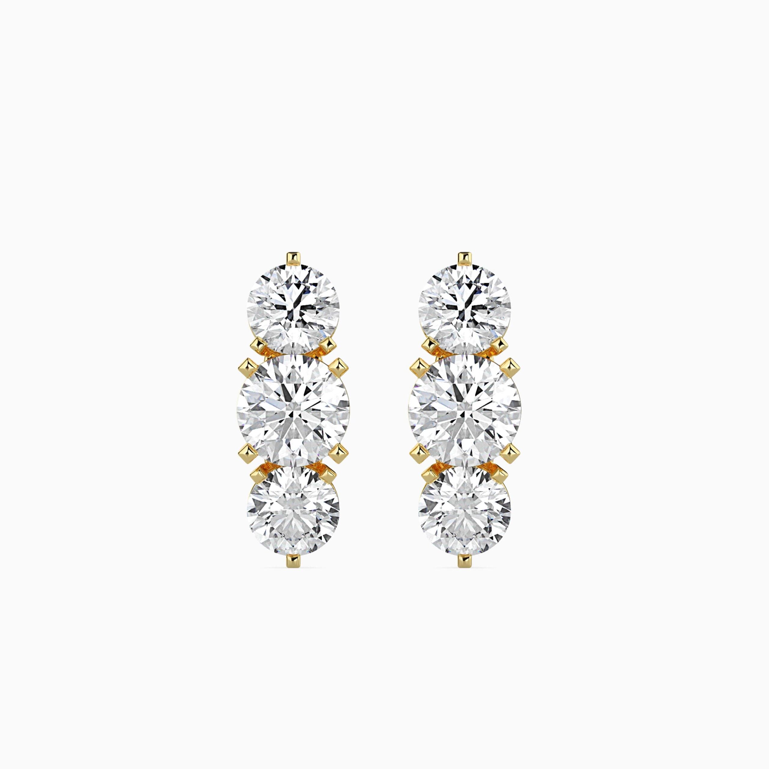 Three Stone Diamond Earrings Front view in 9KT