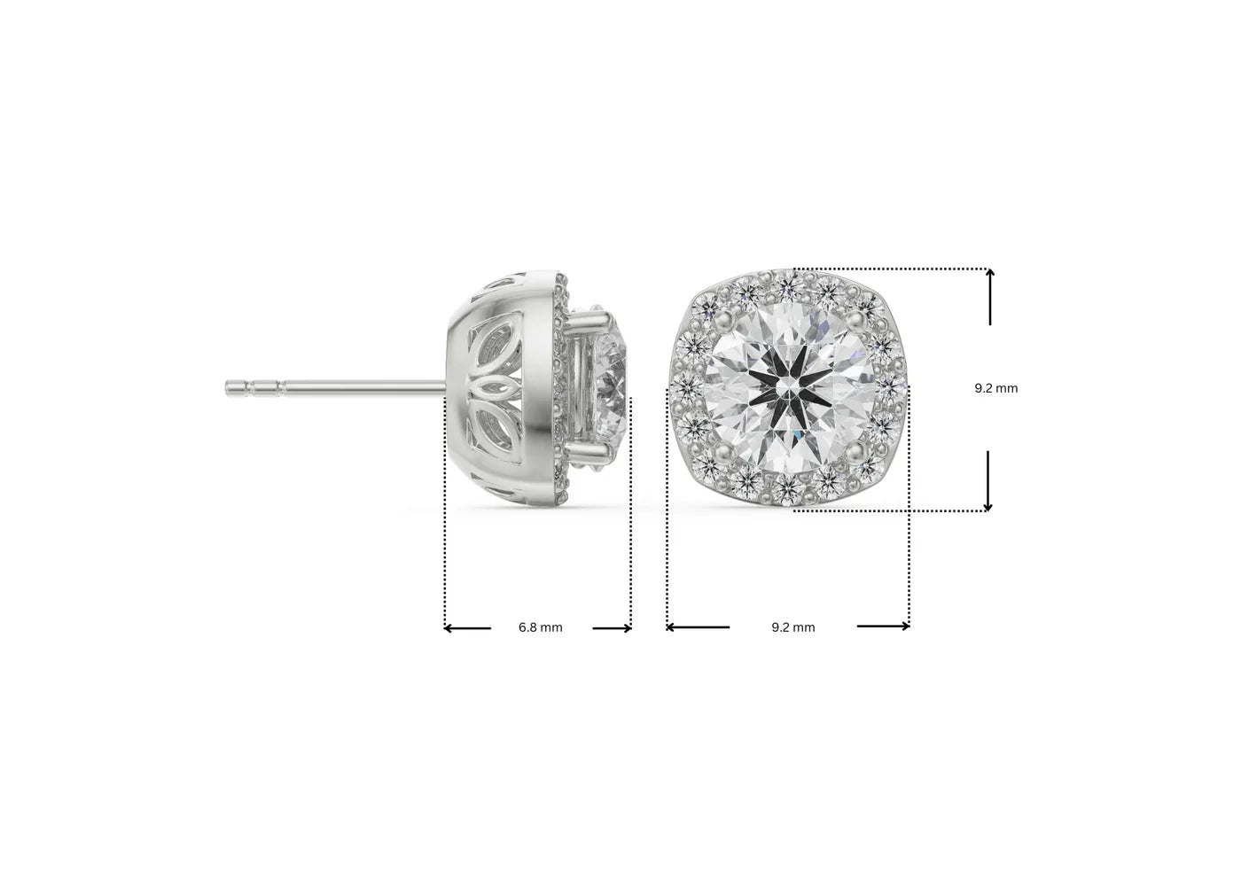 1 CT Halo Cushion Cut Lab Grown Diamond Studs 9KT