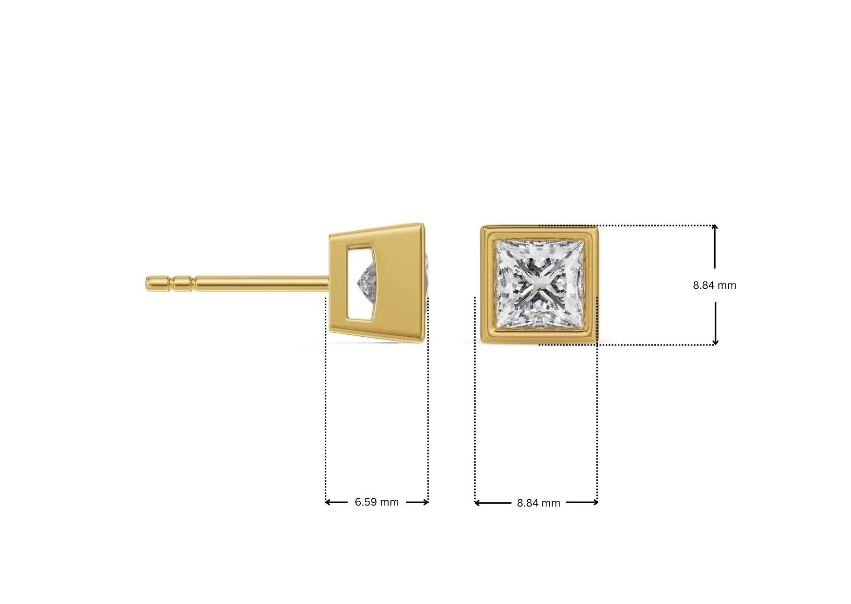 Dimension Guide for 1.5 CT Bezel Princess Lab Grown Diamond Solitaire Studs