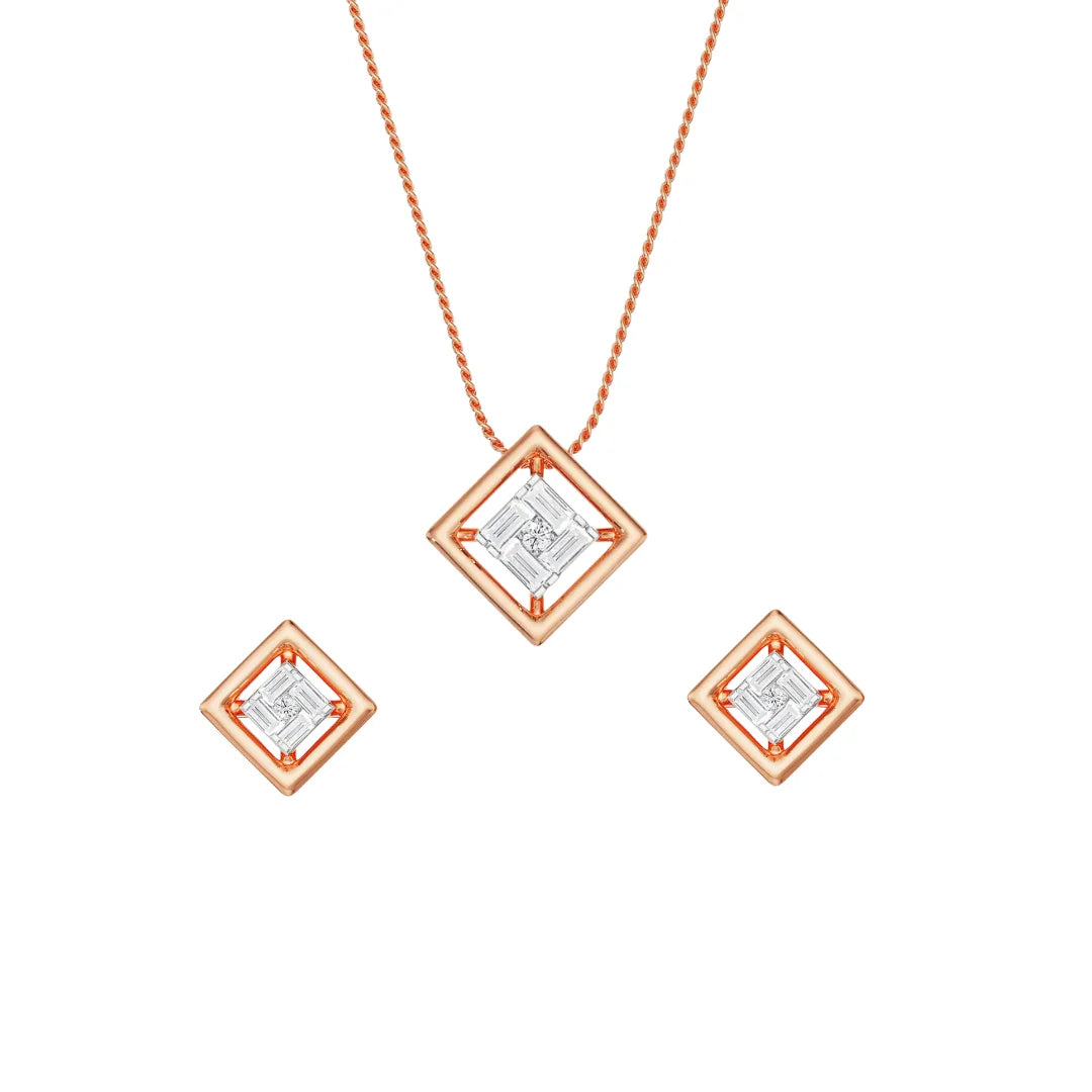Geometric Lab Diamond Pendant Set - Front View in 9KT