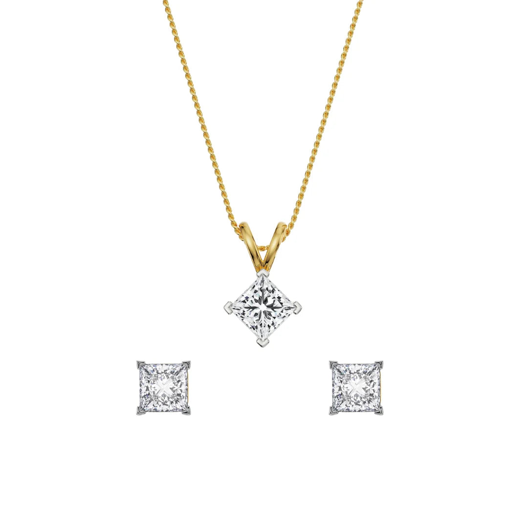 1 CT Princess Cut Lab Grown Diamond pendant Set - Front View in 9KT