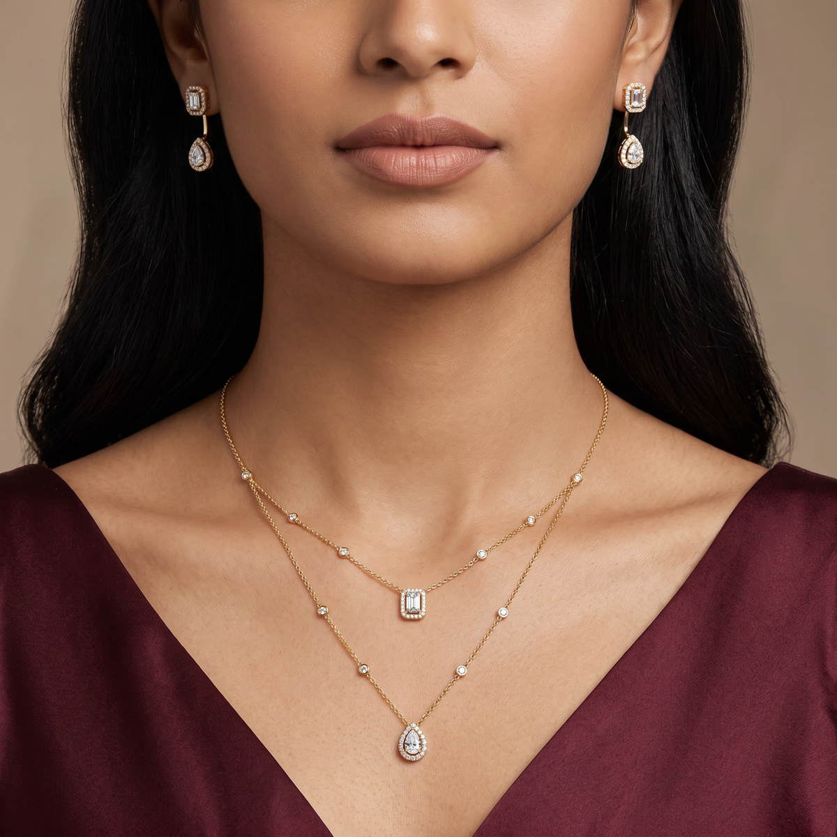 Layered Halo Solitaire Lab Grown Diamond Necklace Set