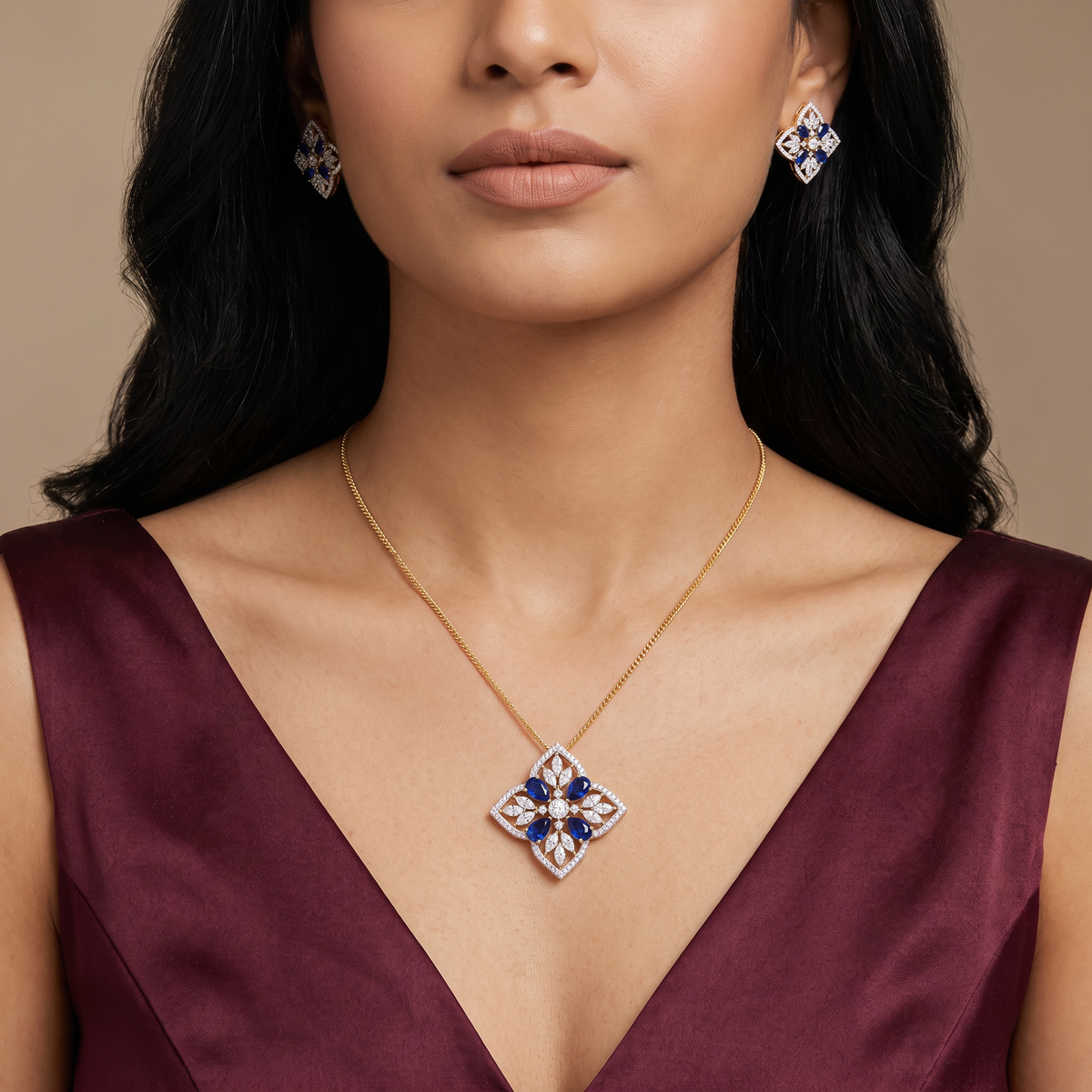 Blue Sapphire Lab Diamond Glamour Pendant Set