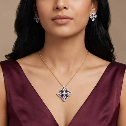 Blue Sapphire Lab Diamond Glamour Pendant Set