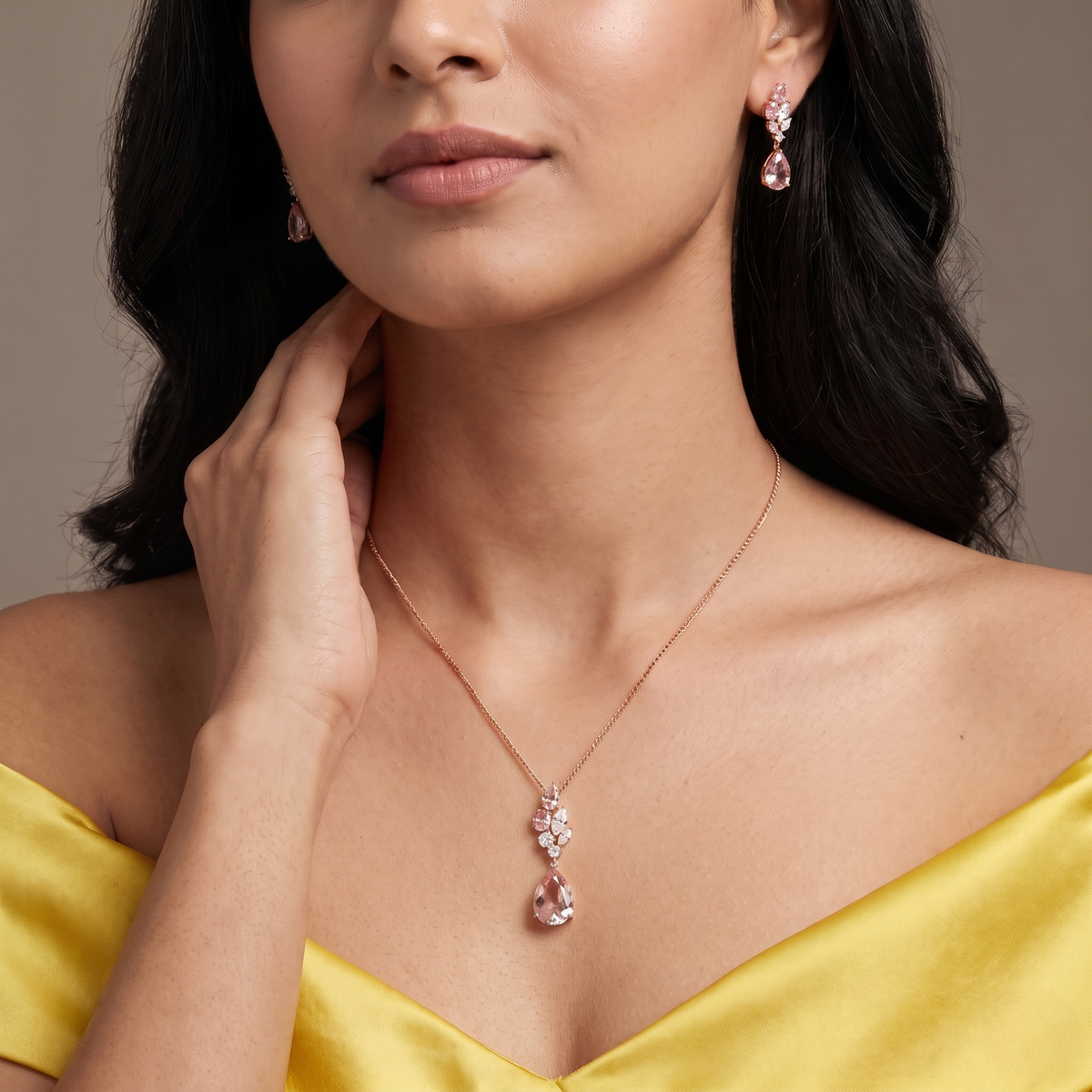Pink Sapphire Lab Diamond Drop Pendant Set