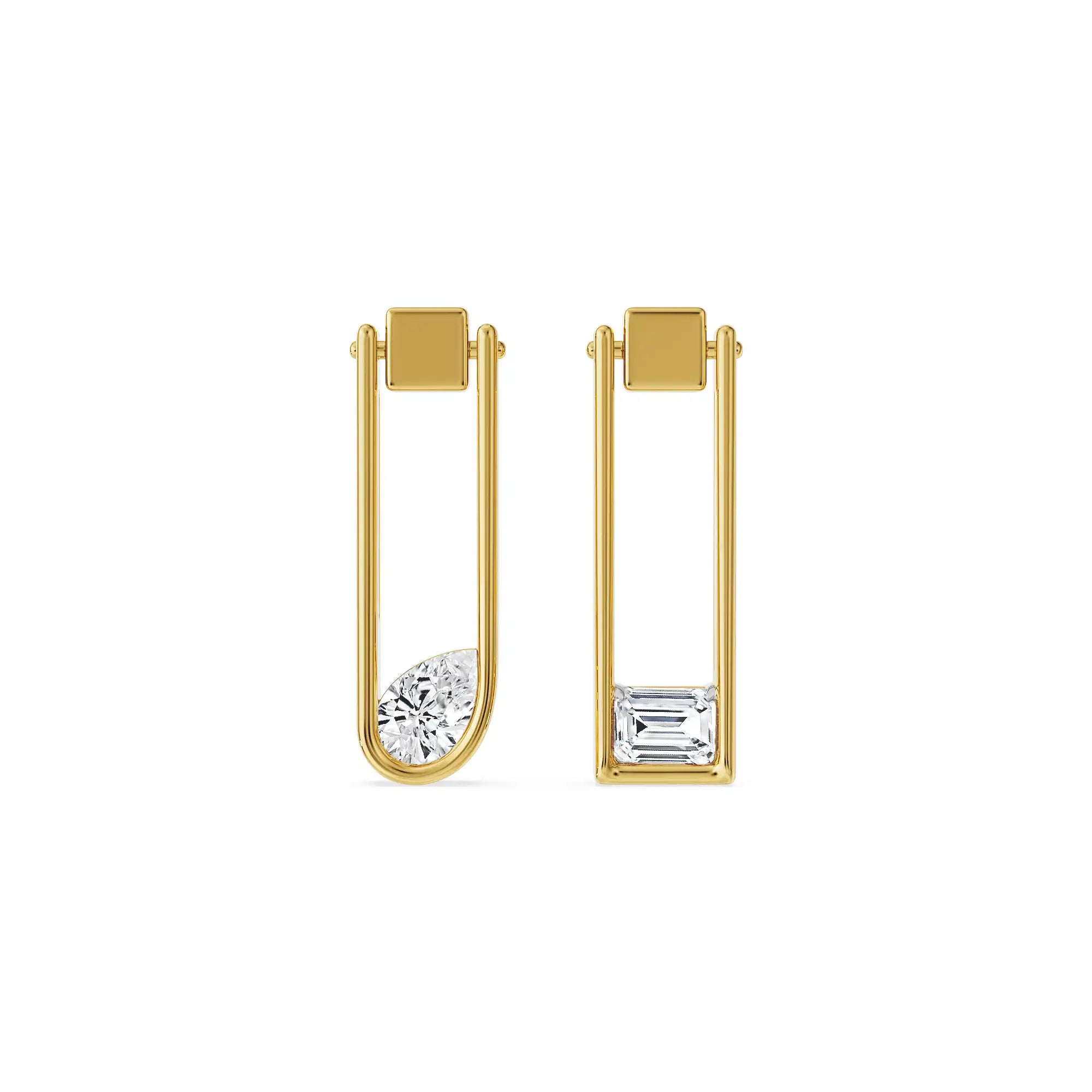 Pear Emerald Paper Clip Lab Grown Diamond Earrings - Front view in 9KT