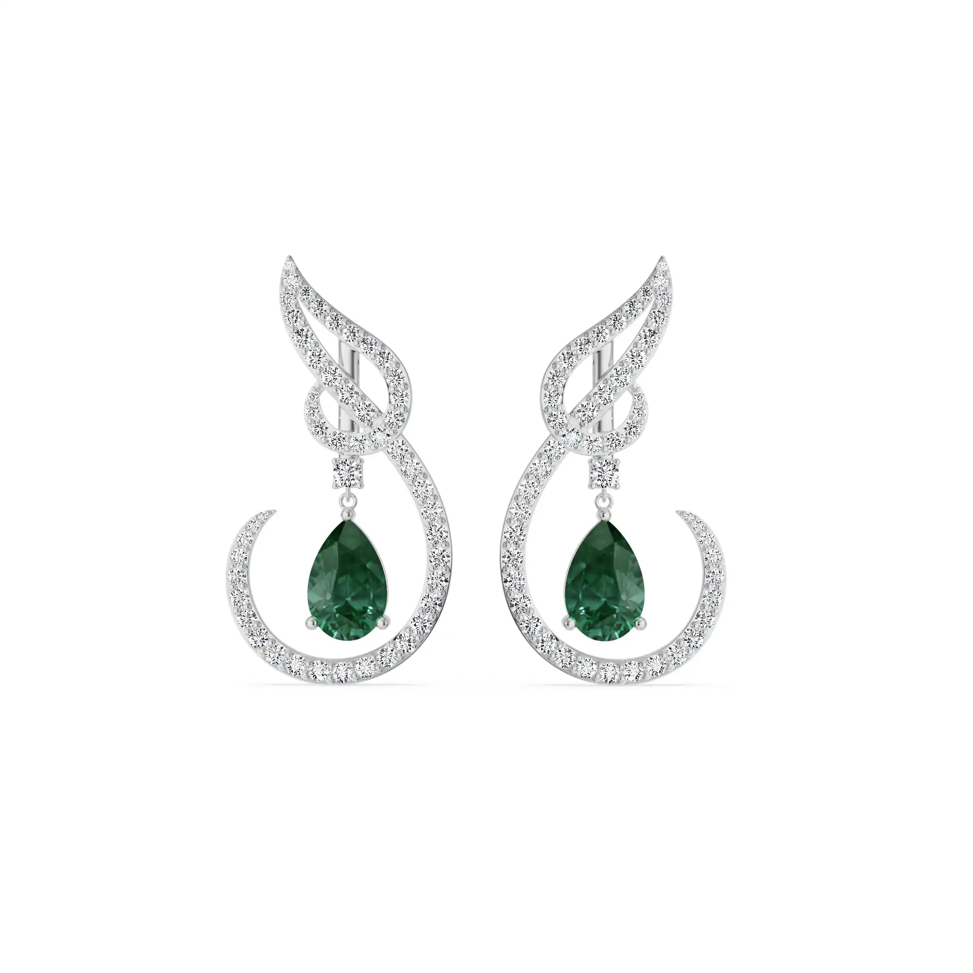 Curvy Emerald Lab Diamond Dangler Earrings - Front View in 9KT