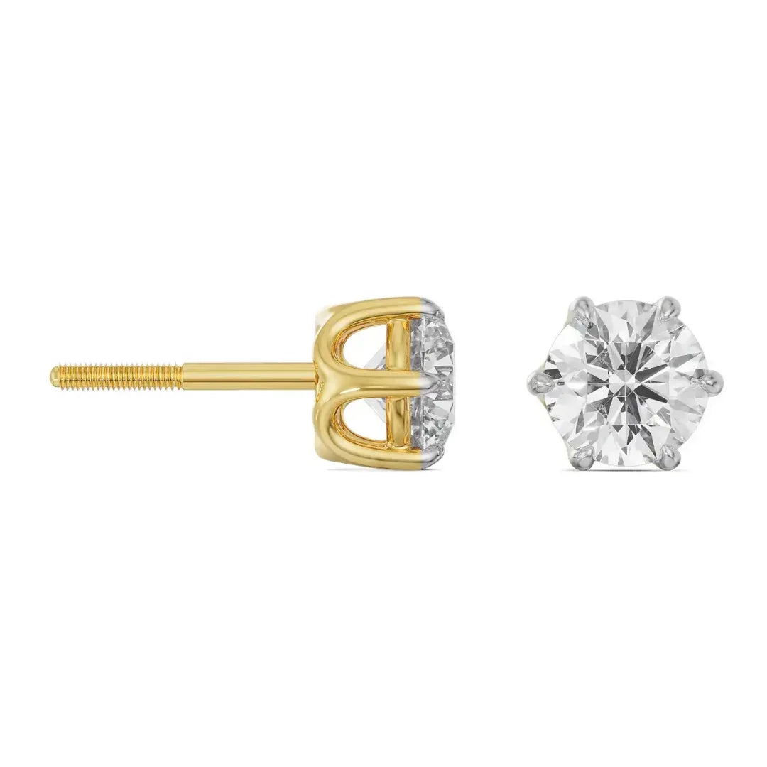 Six Prong 2 CT Lab Grown Diamond Studs - perspective view in 9KT
