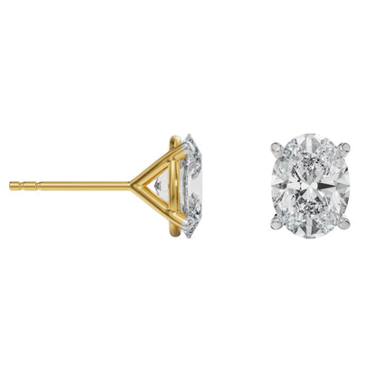 2 CT Oval Solitaire Lab Grown Diamond Studs - perspective view in 9KT