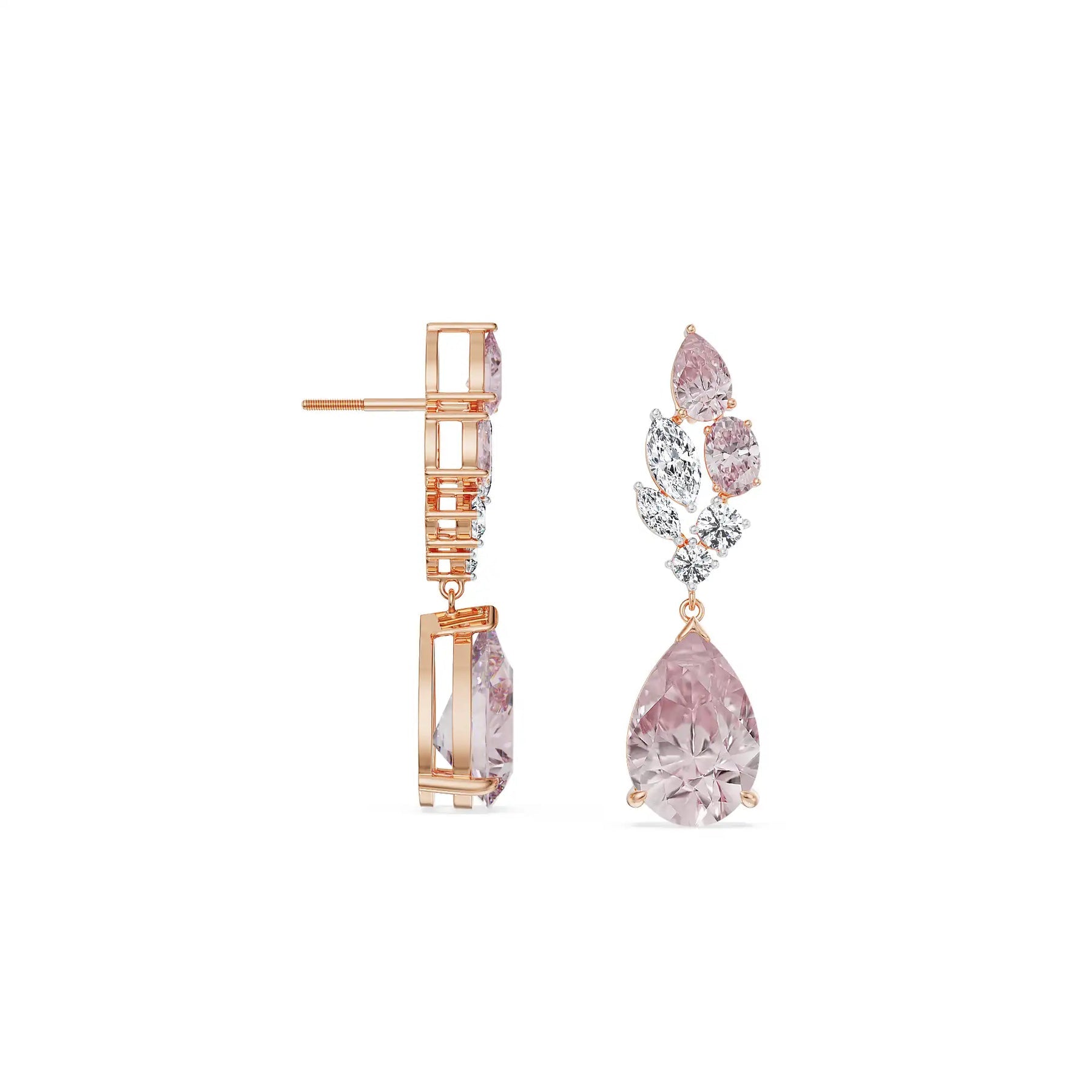 Pink Sapphire Lab Diamond Drop Pendant Set earring - perspective view
