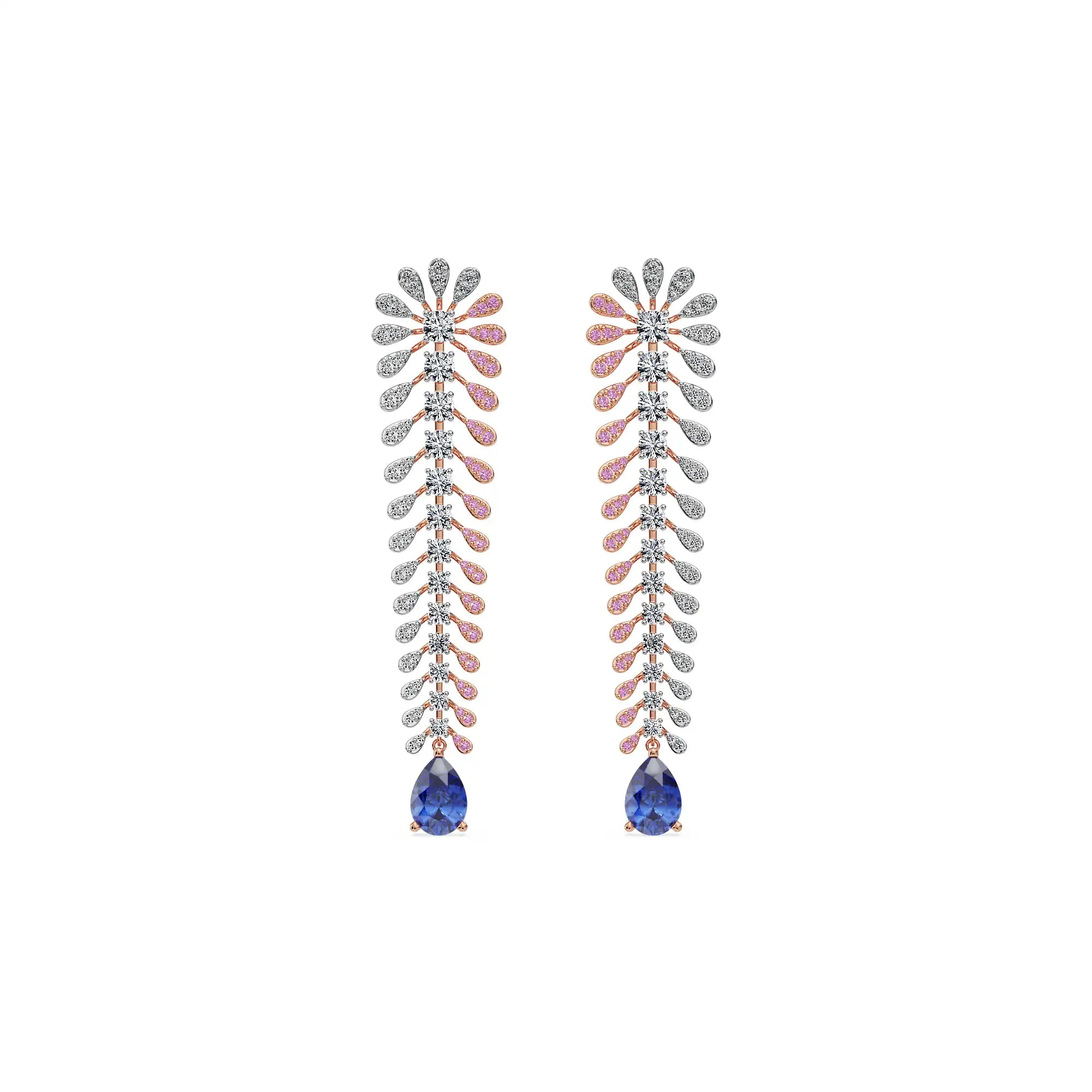 Sapphire Fern Lab Grown Diamond Chandelier Earrings - Front view in 9KT