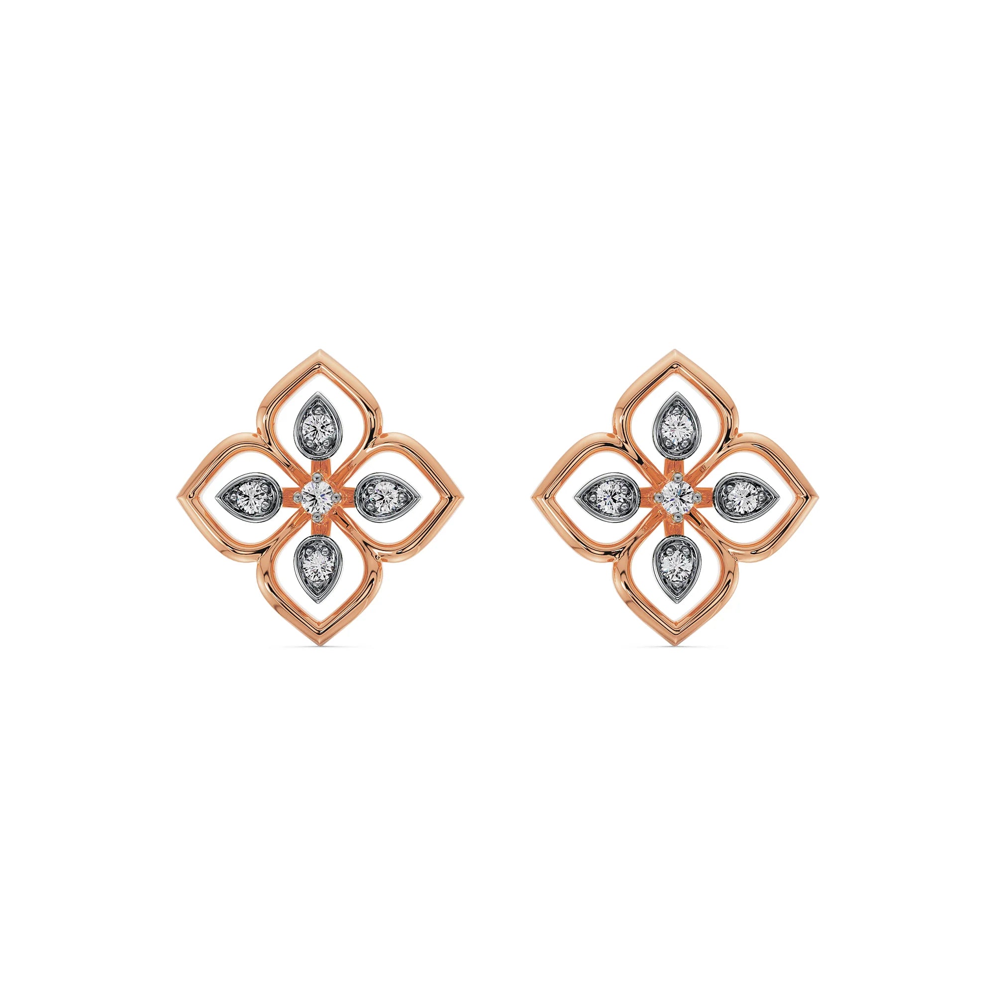Brilliant Diamond Floral Studs Front View in 9KT