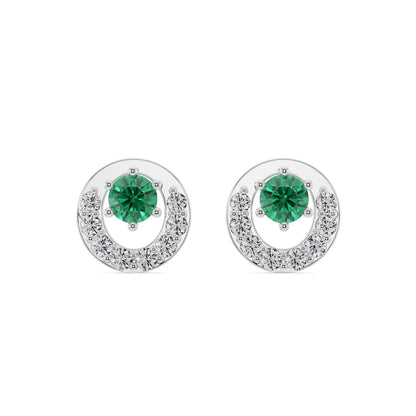 Halo Emerald Diamond Studs Front view in 9KT