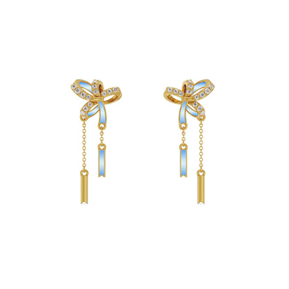 Charming Bow Tassel Diamond Earrings Front View in 9KT
