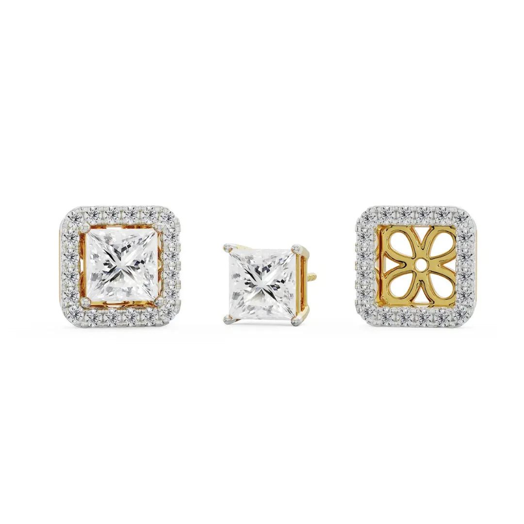 1 CT Princess Frame Lab Diamond Studs - perspective view in 9KT