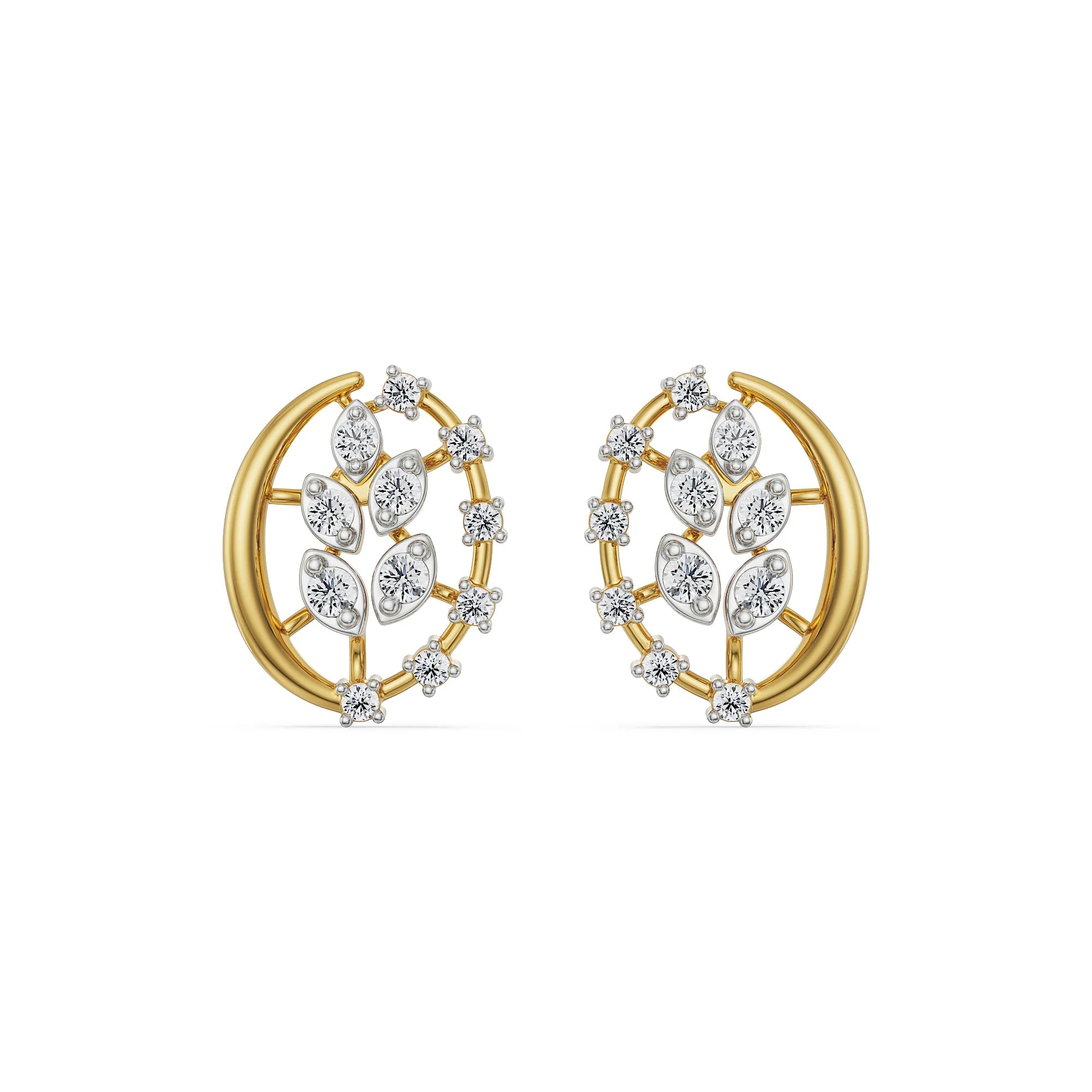 Leafy Diamond Studs Front View in 9KT