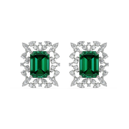 Vintage Emerald Diamond Studs Front View in 9KT