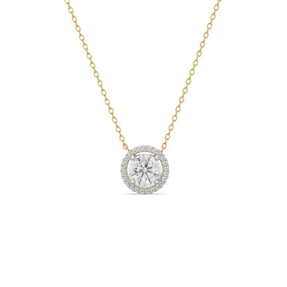 1.5 CT Round Halo Glistening Lab Diamond Pendant- front view in 9KT