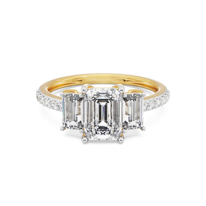 Three Stone Emerald Diamond Ring Front View in 9KT