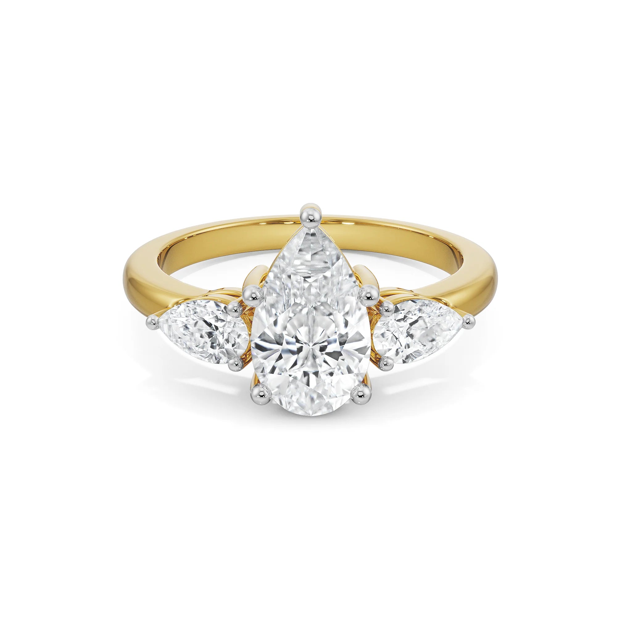 Pear Tri Solitaire Diamond Ring Front view in 9KT