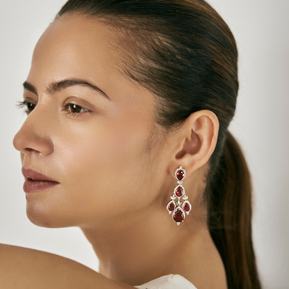 Ruby Pear Lab Diamond Dangle Earrings - model face view
