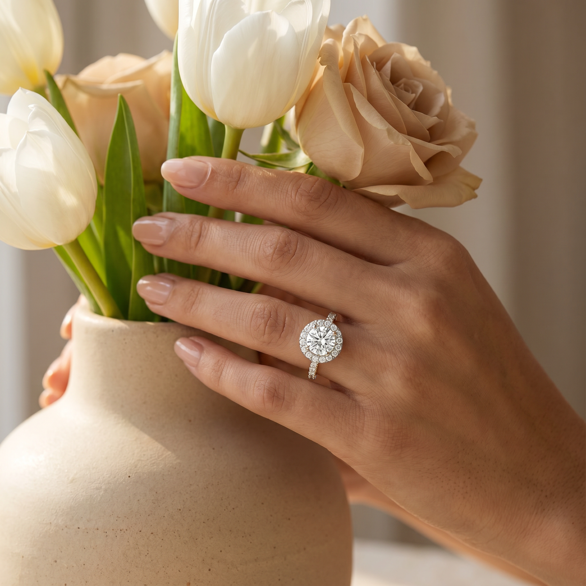 Alisen Round Halo Lab Grown Diamond Solitaire Ring