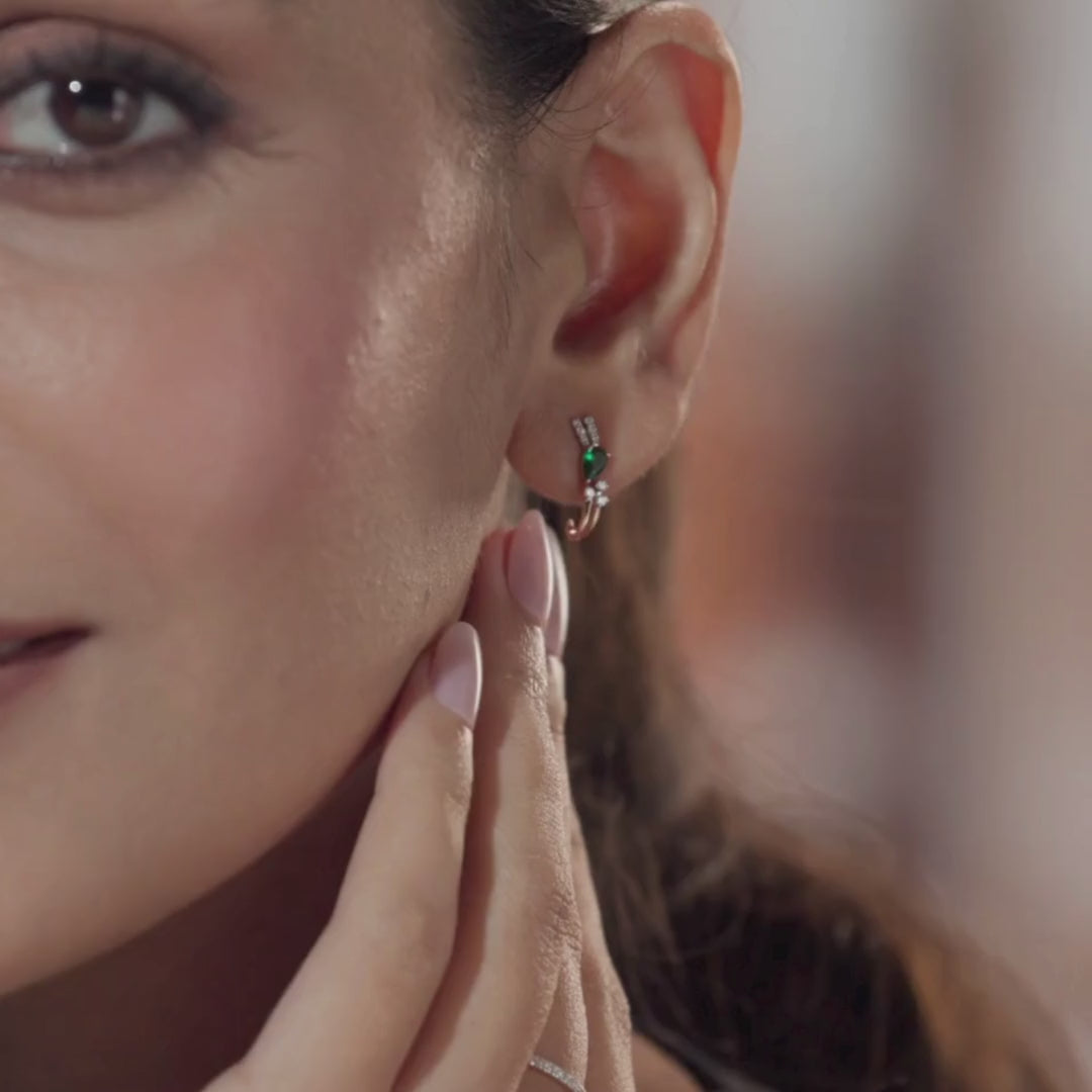 Regal   Pear   Emerald   Lab   Grown   Diamond   Hoops - focused view on model