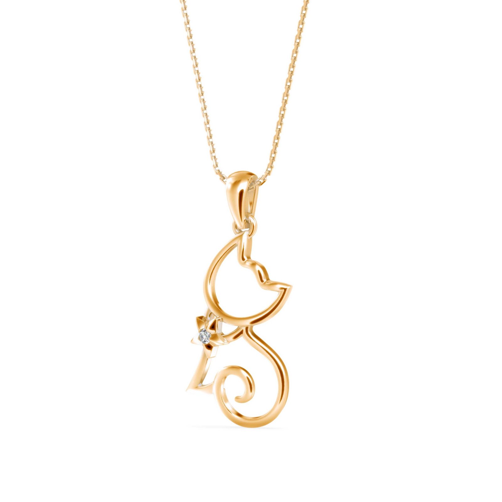 14k White and Yellow Gold Diamond Cat Charm Necklace Two Tone Diamond  Necklace For Sale at 1stDibs
